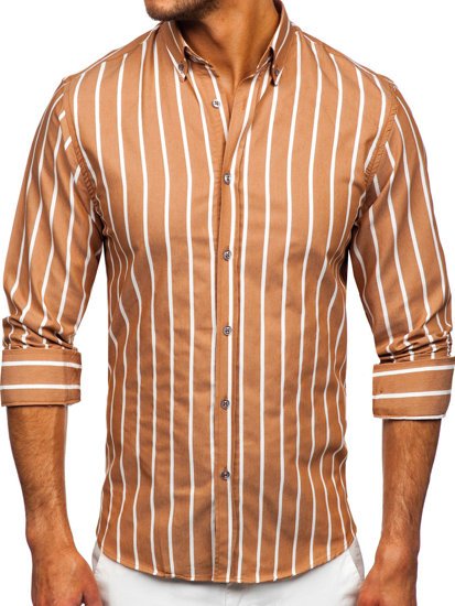 Camisa a rayas con manga larga para hombre color camel Bolf 20730