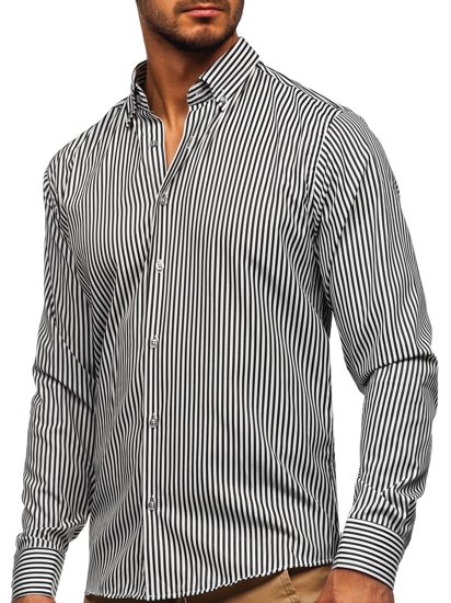 Camisa a rayas con manga larga para hombre color negro Bolf 20726