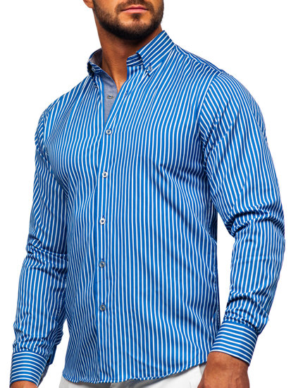 Camisa a rayas de manga larga para hombre Azul Bolf 22730