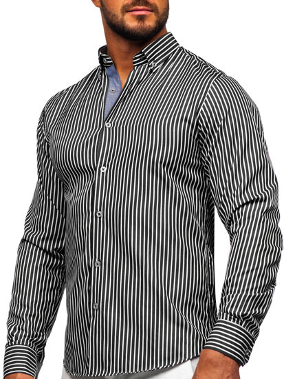 Camisa a rayas de manga larga para hombre Negro Bolf 22730