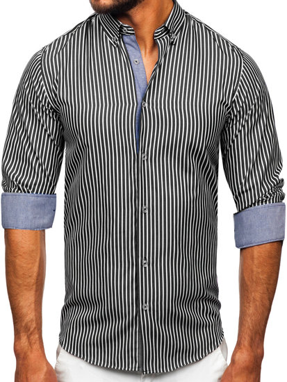 Camisa a rayas de manga larga para hombre Negro Bolf 22730