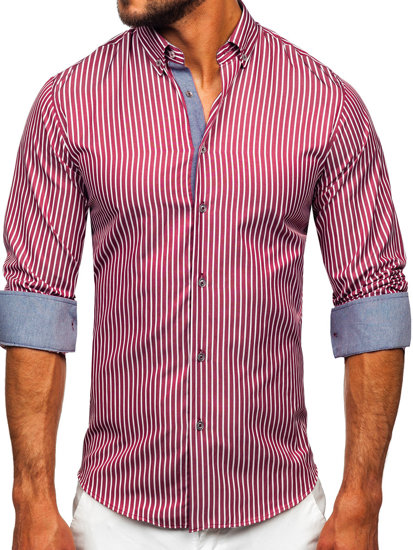 Camisa a rayas de manga larga para hombre Rojo burdeos Bolf 22730