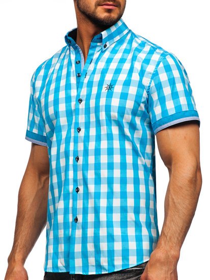 Camisa con manga corta a cuados para hombre color azul celeste Bolf 4508