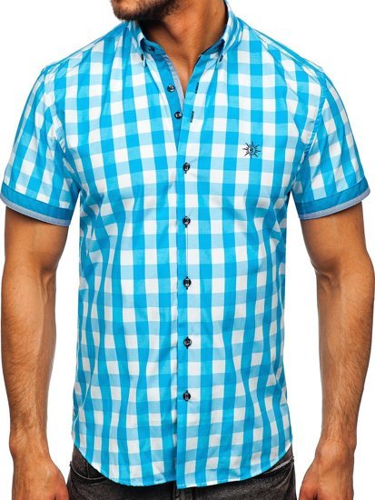 Camisa con manga corta a cuados para hombre color azul celeste Bolf 4508