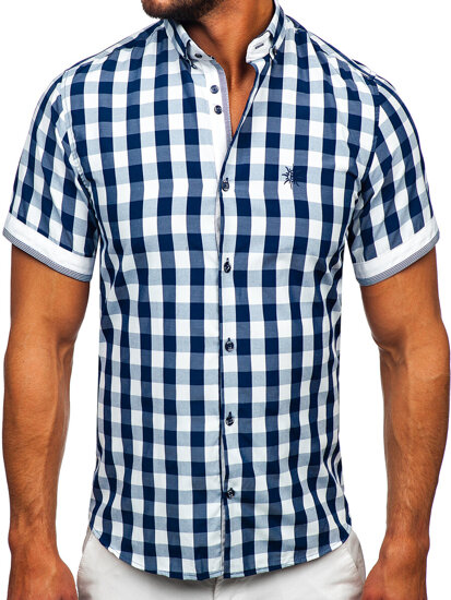 Camisa con manga corta a cuados para hombre color azul oscuro Bolf 4508