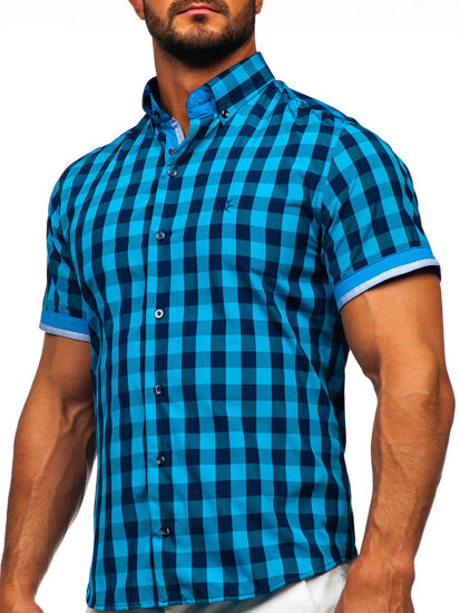 Camisa con manga corta a cuados para hombre color negro y azul Bolf 4508