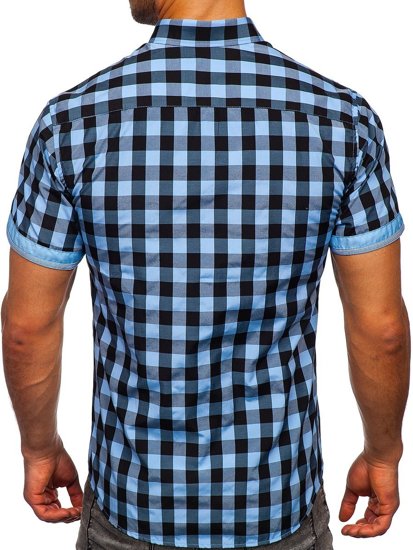 Camisa con manga corta a cuados para hombre color negro y azul celeste Bolf 4508