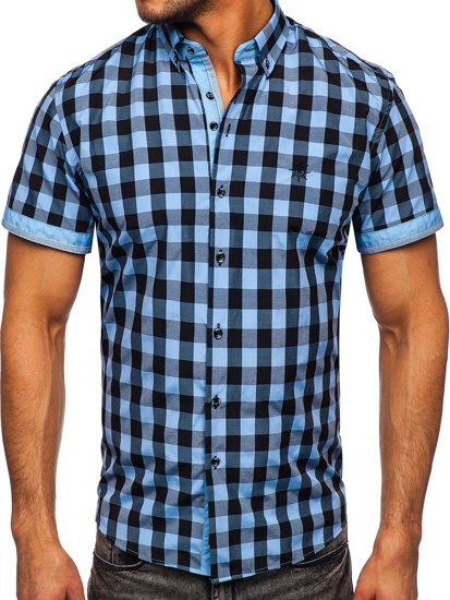 Camisa con manga corta a cuados para hombre color negro y azul celeste Bolf 4508