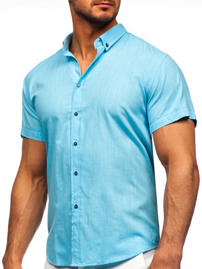 Camisa de algodón con manga corta para hombre color turquesa Bolf 20501