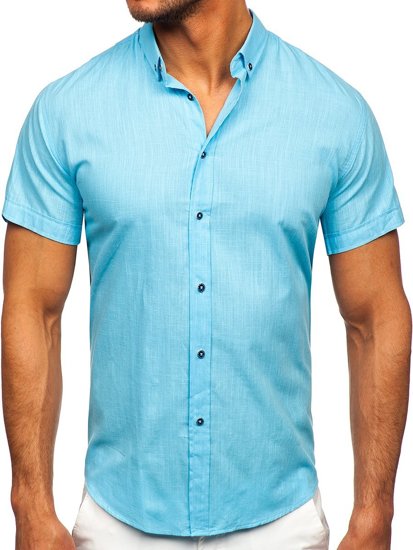 Camisa de algodón con manga corta para hombre color turquesa Bolf 20501