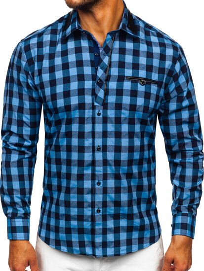 Camisa de cuadros para hombre de manga larga azul marino Bolf 19605