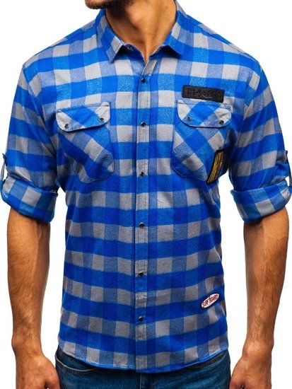 Camisa de flanela de manga larga para hombre azul y gris Bolf 2503