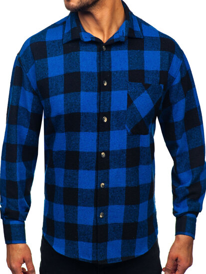 Camisa de franela a cuadros de manga larga para hombre azul oscuro Bolf 2025-1