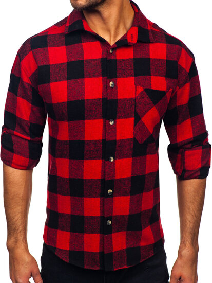 Camisa de franela a cuadros de manga larga para hombre rojo Bolf 2025-1