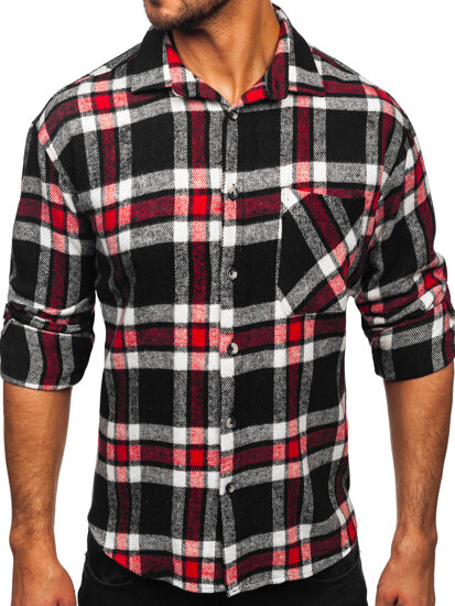 Camisa de franela a cuadros de manga larga para hombre rojo Bolf 2025-3