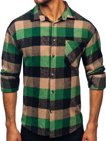 Camisa de franela a cuadros de manga larga para hombre verde Bolf 2025-1