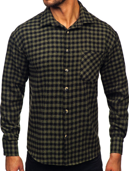 Camisa de franela a cuadros de manga larga para hombre verde Bolf 2025-2