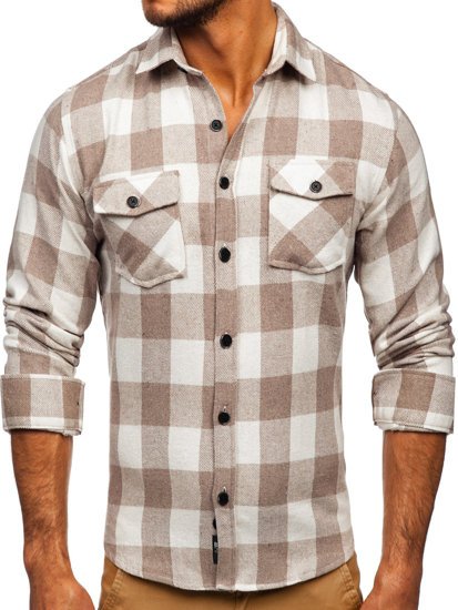 Camisa de franela a manga larga para hombre color beige Bolf 20723