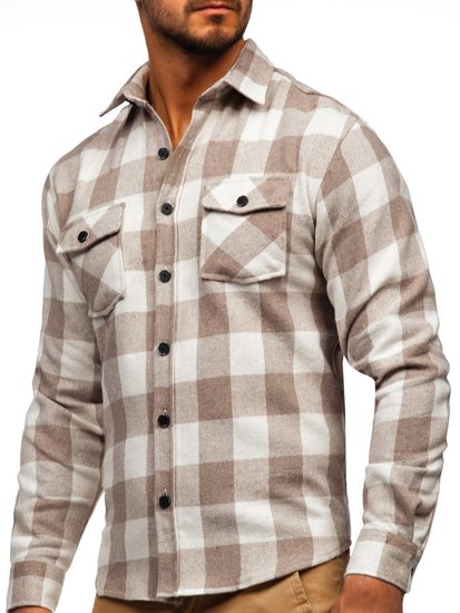 Camisa de franela a manga larga para hombre color beige Bolf 20723