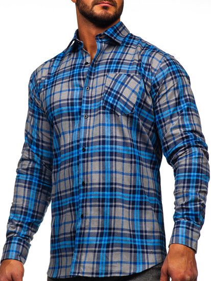 Camisa de franela a rayas a manga larga para hombre color azul Bolf F1