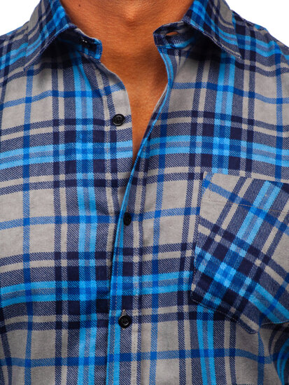 Camisa de franela a rayas a manga larga para hombre color azul Bolf F1