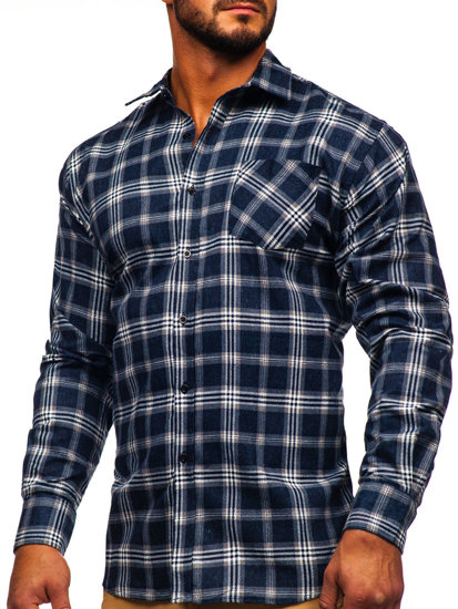 Camisa de franela a rayas a manga larga para hombre color azul oscuro Bolf F1