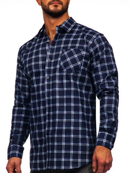 Camisa de franela a rayas a manga larga para hombre color azul oscuro Bolf F7