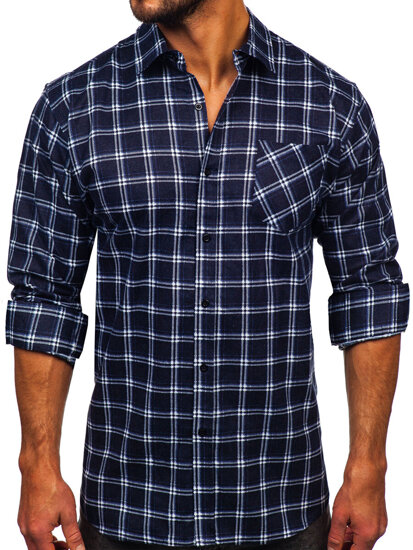 Camisa de franela a rayas a manga larga para hombre color azul oscuro Bolf F7