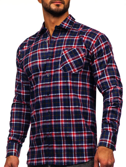 Camisa de franela a rayas a manga larga para hombre color azul oscuro y rojo Bolf F7