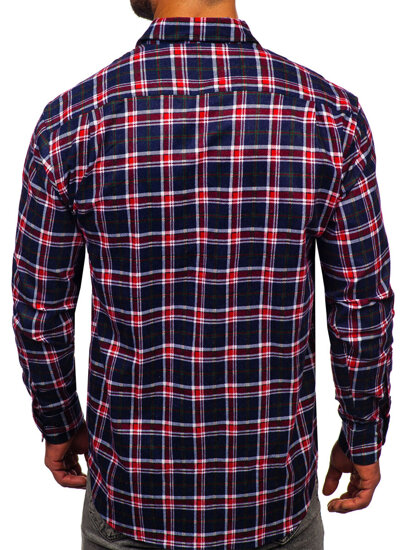 Camisa de franela a rayas a manga larga para hombre color azul oscuro y rojo Bolf F7