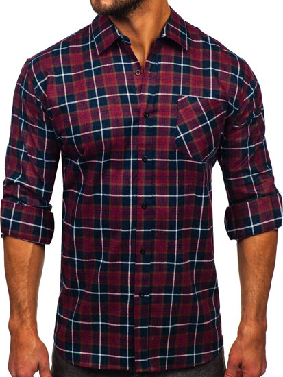 Camisa de franela a rayas a manga larga para hombre color rojo Bolf F7