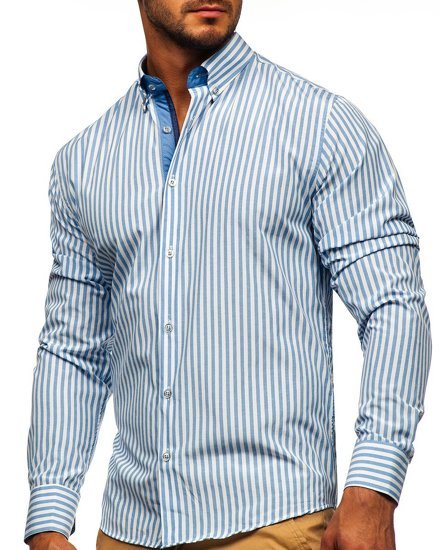 Camisa de hombre a rayas con manga larga color azul oscuro Bolf 20704