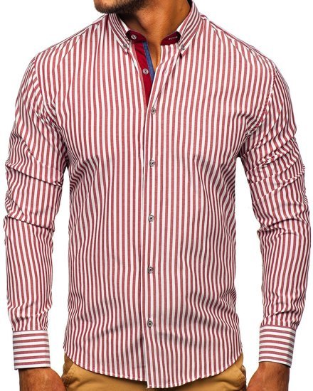 Camisa de hombre a rayas con manga larga color burdeos Bolf 20704