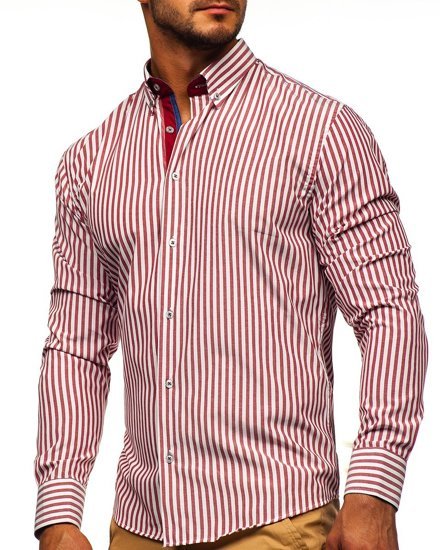 Camisa de hombre a rayas con manga larga color burdeos Bolf 20704