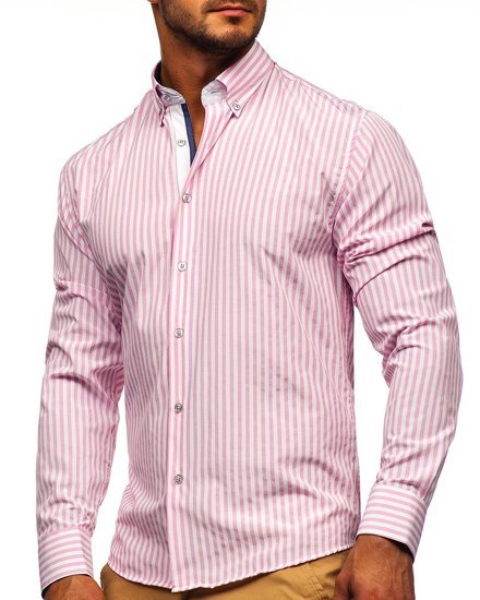 Camisa de hombre a rayas con manga larga color rosa Bolf 20704