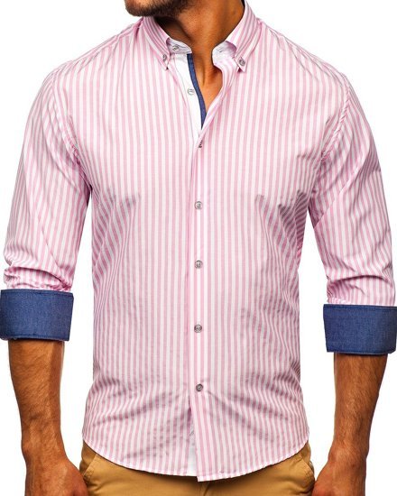 Camisa de hombre a rayas con manga larga color rosa Bolf 20704