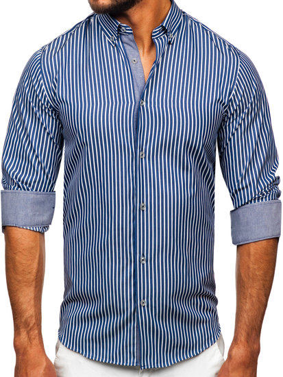 Camisa de manga larga a rayas para hombre azul marino Bolf 22730