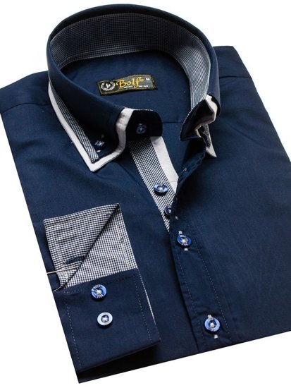 Camisa de manga larga elegante para hombre azul oscuro Bolf 3704-1