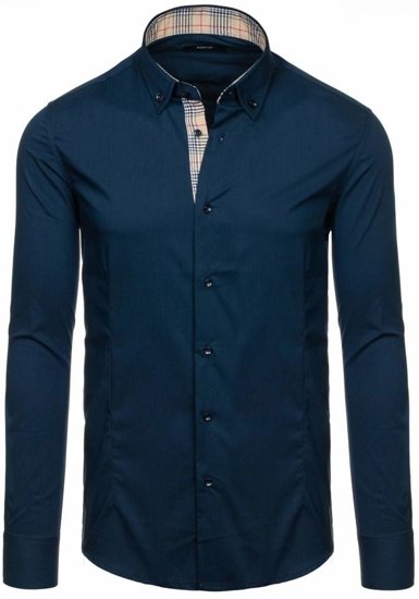 Camisa de manga larga elegante para hombre azul oscuro Bolf 7197