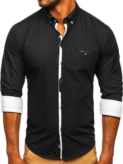 Camisa de manga larga elegante para hombre negra Bolf 7720