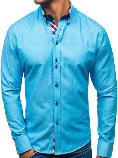 Camisa de manga larga elegante para hombre turquesa Bolf 2759