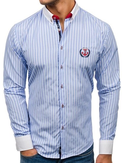 Camisa de rayas de manga larga para hombre azul claro Bolf 1771