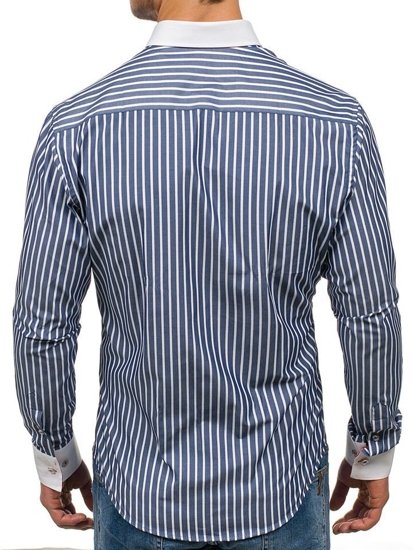 Camisa de rayas de manga larga para hombre azul oscuro Bolf 1771