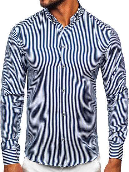 Camisa de rayas de manga larga para hombre azul oscuro Bolf 22731