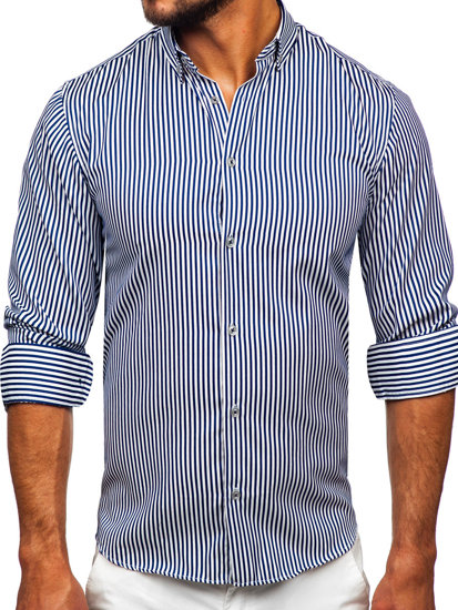 Camisa de rayas de manga larga para hombre azul oscuro Bolf 22731