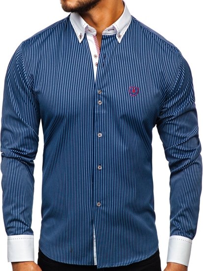 Camisa de rayas de manga larga para hombre  azul oscuro Bolf 9717