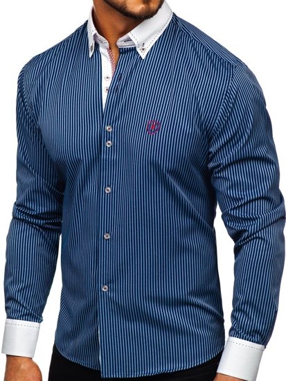 Camisa de rayas de manga larga para hombre  azul oscuro Bolf 9717