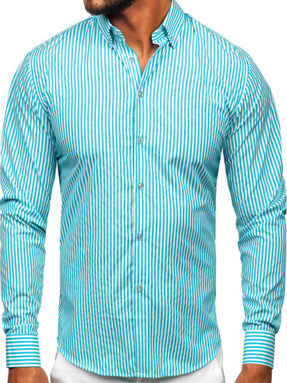 Camisa de rayas de manga larga para hombre azul turquesa Bolf 22731