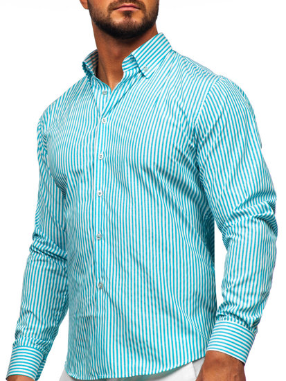 Camisa de rayas de manga larga para hombre azul turquesa Bolf 22731