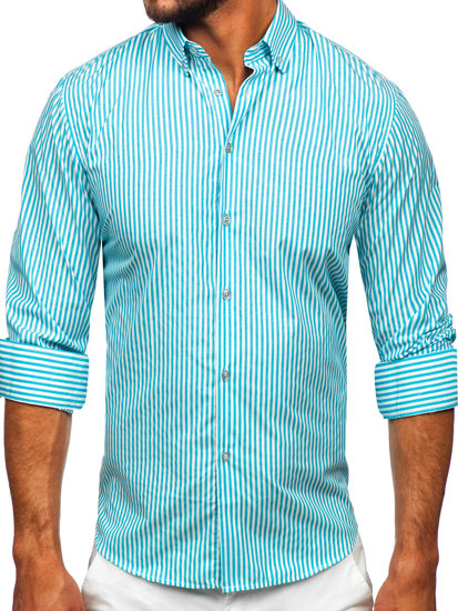 Camisa de rayas de manga larga para hombre azul turquesa Bolf 22731